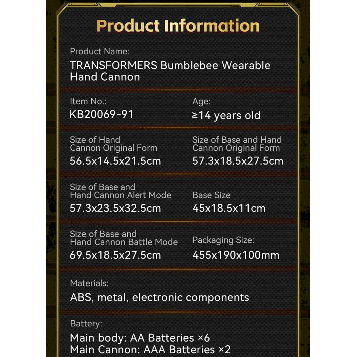 Killerbody TRANSFORMERS Bumblebee Wearable Blaster (available for now!!)