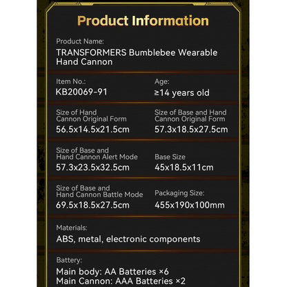 Killerbody TRANSFORMERS Bumblebee Wearable Blaster (available for now!!)