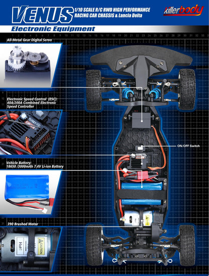 Killerbody 1/10 SCALE R/C RWD HIGH PERFORMANCE RACING CAR CHASSIS & Lancia Delta  Remote Control Car