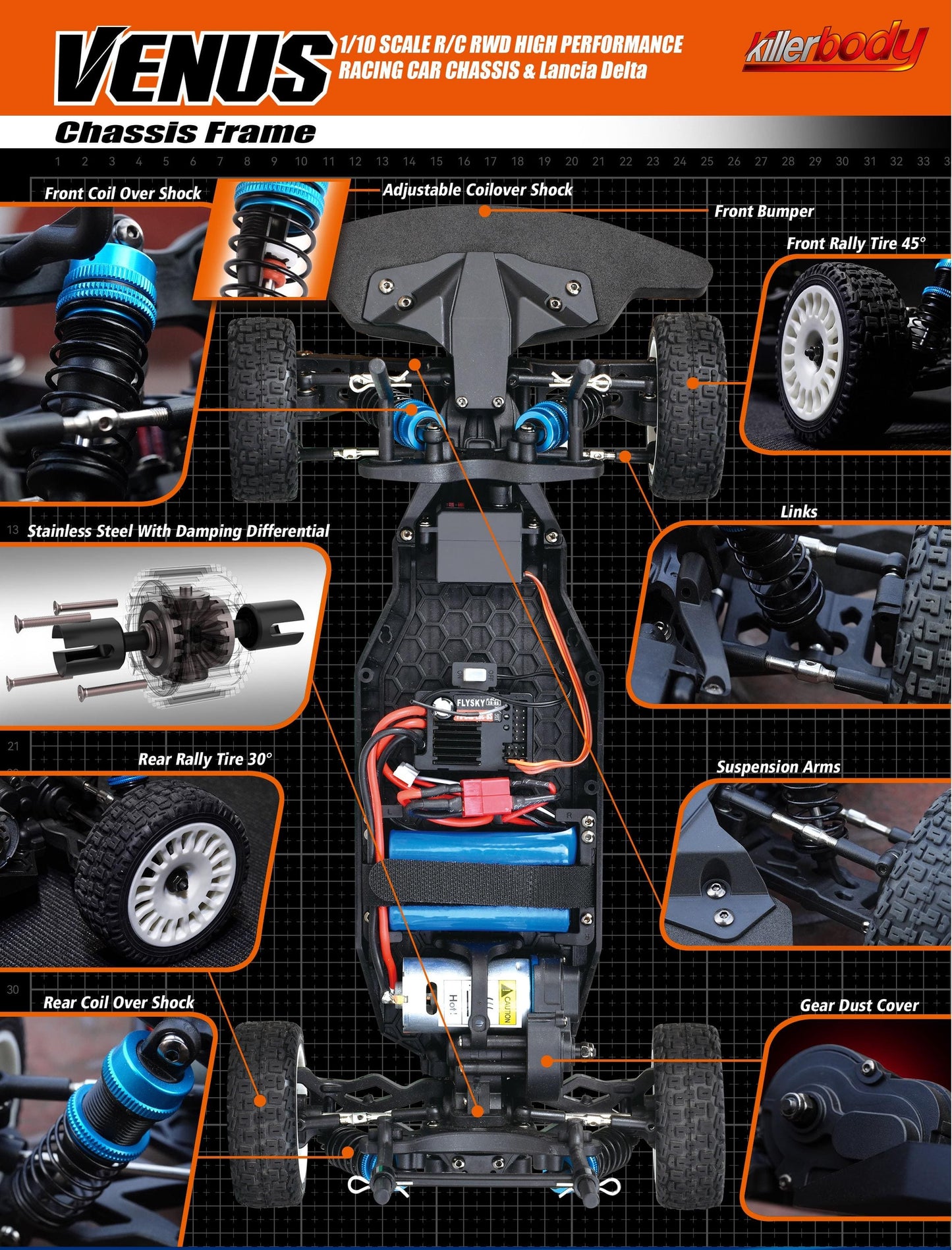 Killerbody 1/10 SCALE R/C RWD HIGH PERFORMANCE RACING CAR CHASSIS & Lancia Delta  Remote Control Car