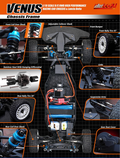 Killerbody 1/10 SCALE R/C RWD HIGH PERFORMANCE RACING CAR CHASSIS & Lancia Delta  Remote Control Car